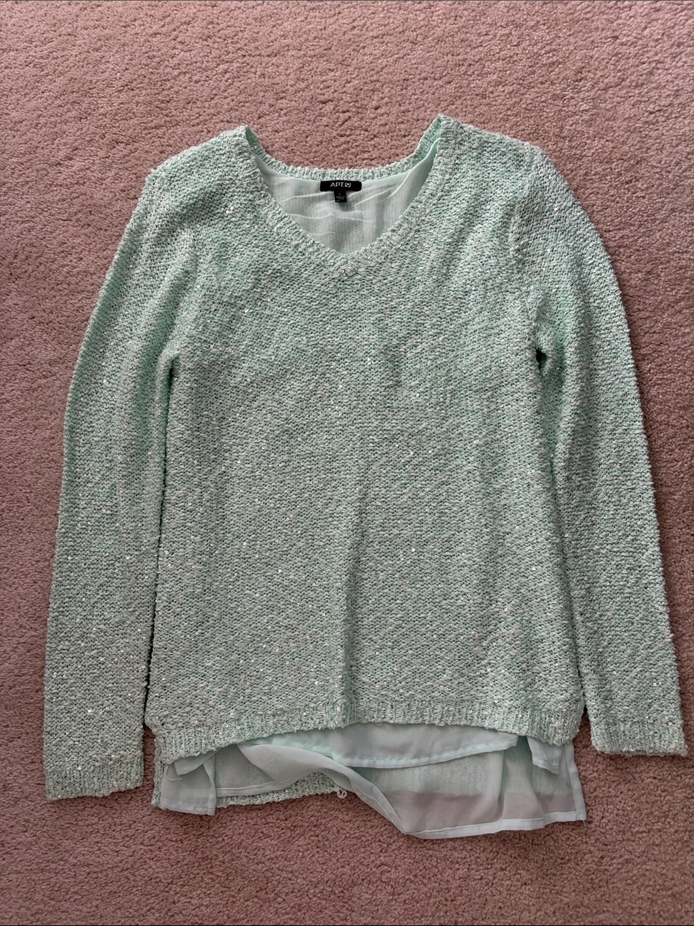 Apt. 9 Light Mint V-Neck Textured Sweater with Sheer Layer